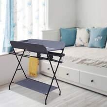 Foldable Baby Changing Table With Storage Compartments & Drying Rack Cartoon Print Oxford Fabric - Dark Grey - View 5