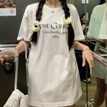Camiseta de manga corta con estampado de letras para el verano 2024, top holgado para estudiantes femeninas, camiseta de base blanca. - Confesión Perdida Blanca] - Ver 1