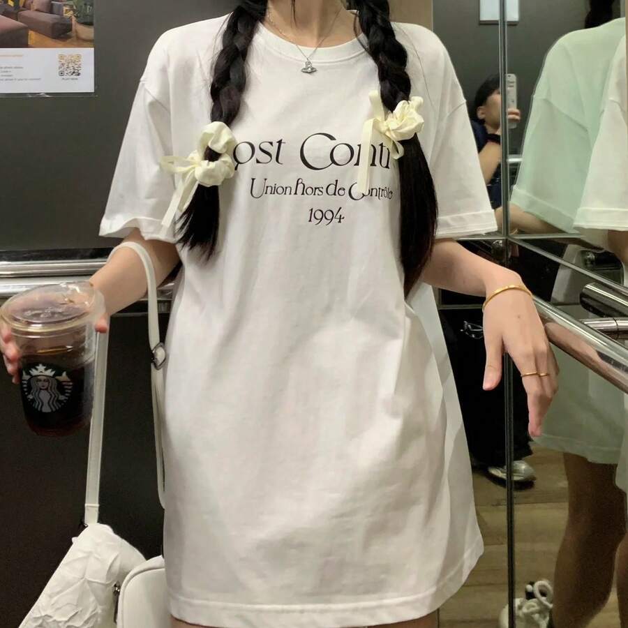 Camiseta de manga corta con estampado de letras para el verano 2024, top holgado para estudiantes femeninas, camiseta de base blanca. - Confesión Perdida Blanca] - Ver 1