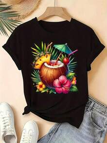 Designed For Modern, Stylish, And Comfortable Women. Women's T-Shirt With A Tropical Coconut And Hibiscus Flower Print. This Loose-Fitting, Short-Sleeved T-Shirt Features A Crew Neck And A Hawaiian Tiki Bar Design, Making It A Comfortable All-Season Shirt Ideal For Beach Parties. Made With Premium Soft And Breathable Fabric, It's Designed For All-Day Comfort And Versatile Everyday Wear, Perfect For Casual Outings. - 黑色 - 查看 3