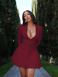 Elegant Short Dress With Blazer Collar And Deep V-Neck In A Solid Color - 酒紅色 - 查看 3