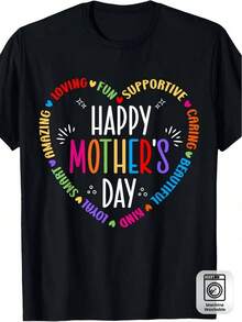 Women's Casual Sports T-Shirt With Colorful Heart And Text Design - Black Crew Neck T-Shirt, Stretchy And Machine Washable, Suitable For All Seasons. Comfortable Leisurewear With A Vibrant Print And Opaque Fabric That Ensures A Perfect Fit. - 黑色 - 查看 6