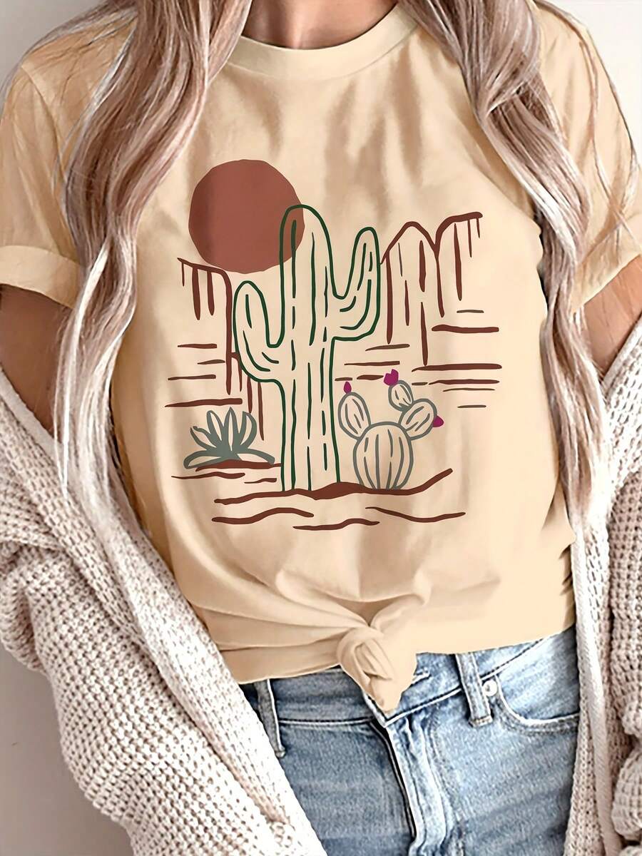 Camiseta de mujer - Camiseta casual retro de estilo occidental con estampado de puesta de sol en el desierto, cactus y montañas, cuello redondo transpirable con diseño de colores contrastantes, lavable a máquina, top casual ajustado. - Albaricoque - Ver 1