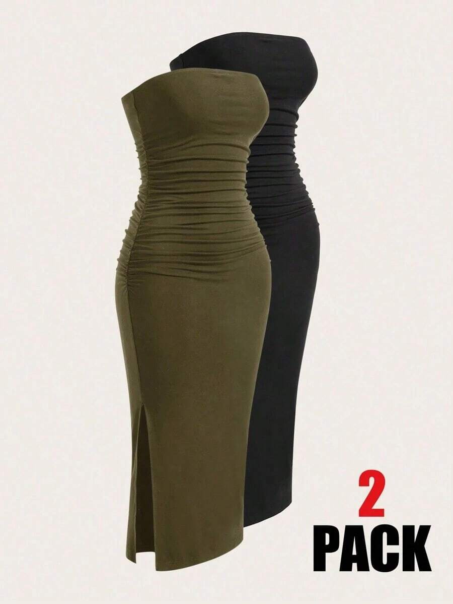 Vestido sin tirantes de mujer con tejido de punto colorido - Verde militar - Ver 1