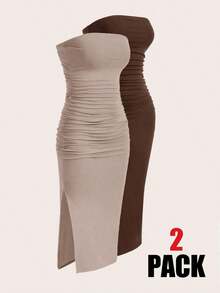Vestido sin tirantes de mujer con tejido de punto colorido - Marrón - Ver 7
