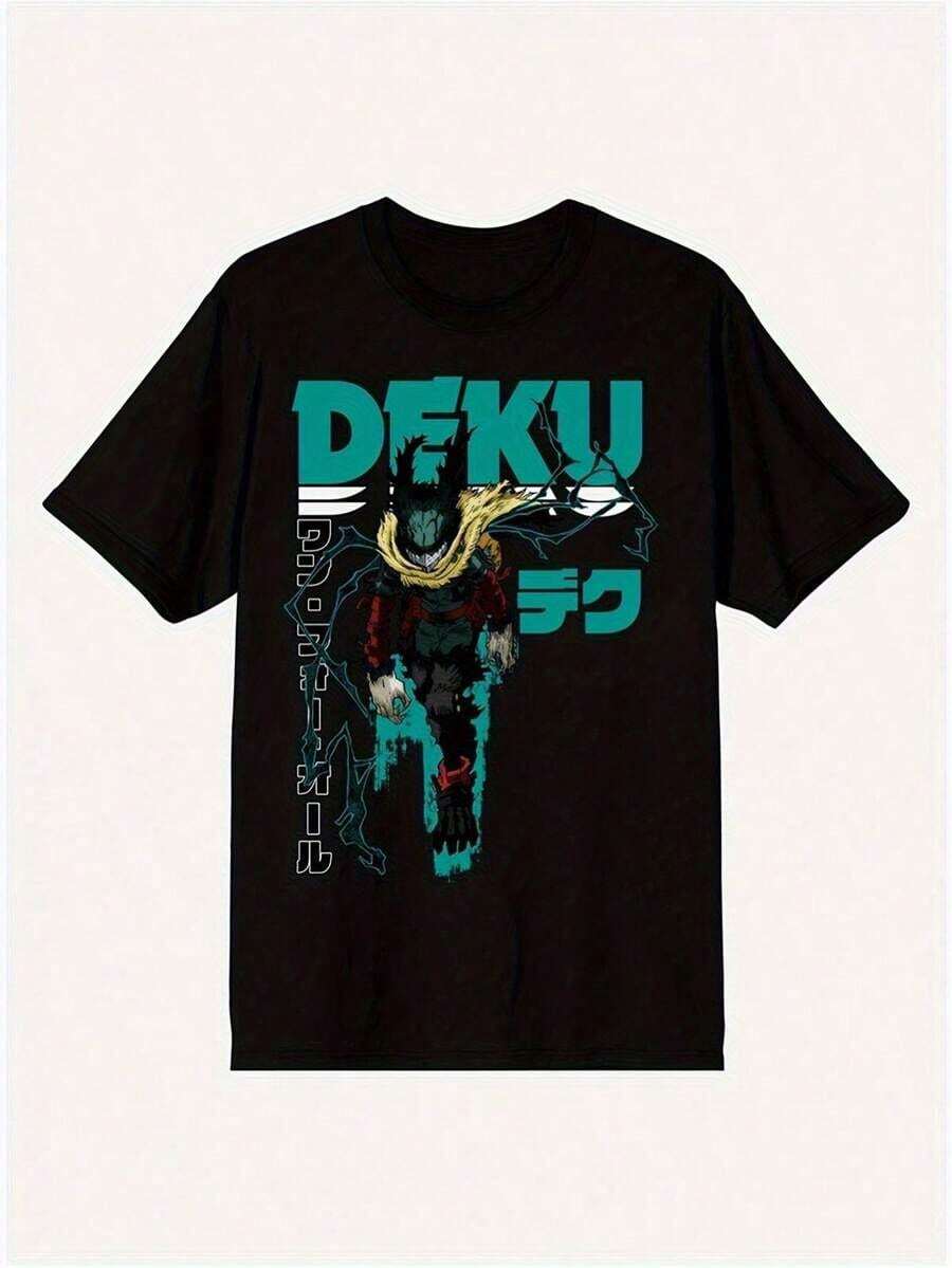 Camiseta gráfica de anime juvenil - Camiseta de manga corta con estampado de cómic japonés, ropa de niño de ajuste regular, top casual de verano, adecuada para uso al aire de ocio para adolescentes, camisetas de niño, camiseta de personaje de anime Deku para hombres - Camiseta gráfica de cultura pop retro con letras en verde azulado y arte icónico, camiseta de manga corta de cuello redondo casual para fanáticos de Deku, ropa casual de verano de cuello redondo suave, adecuada para la escuela, camisetas de niño para citas, atuendos diarios - Ropa de fan de anime, camisas para niño Y2k Camiseta Verano Camisa De - Negro - Ver 1