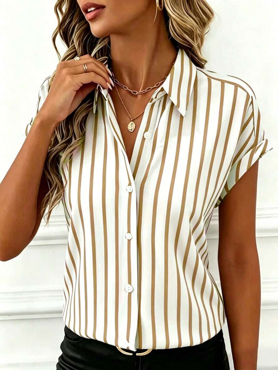 Women's Elegant Polyester Short Sleeve Collared Button Striped Print Shirt/Blouse, Regular Fit, Suitable For Spring/Summer, Daily, Work, Party, Travel, Fashionable & Versatile