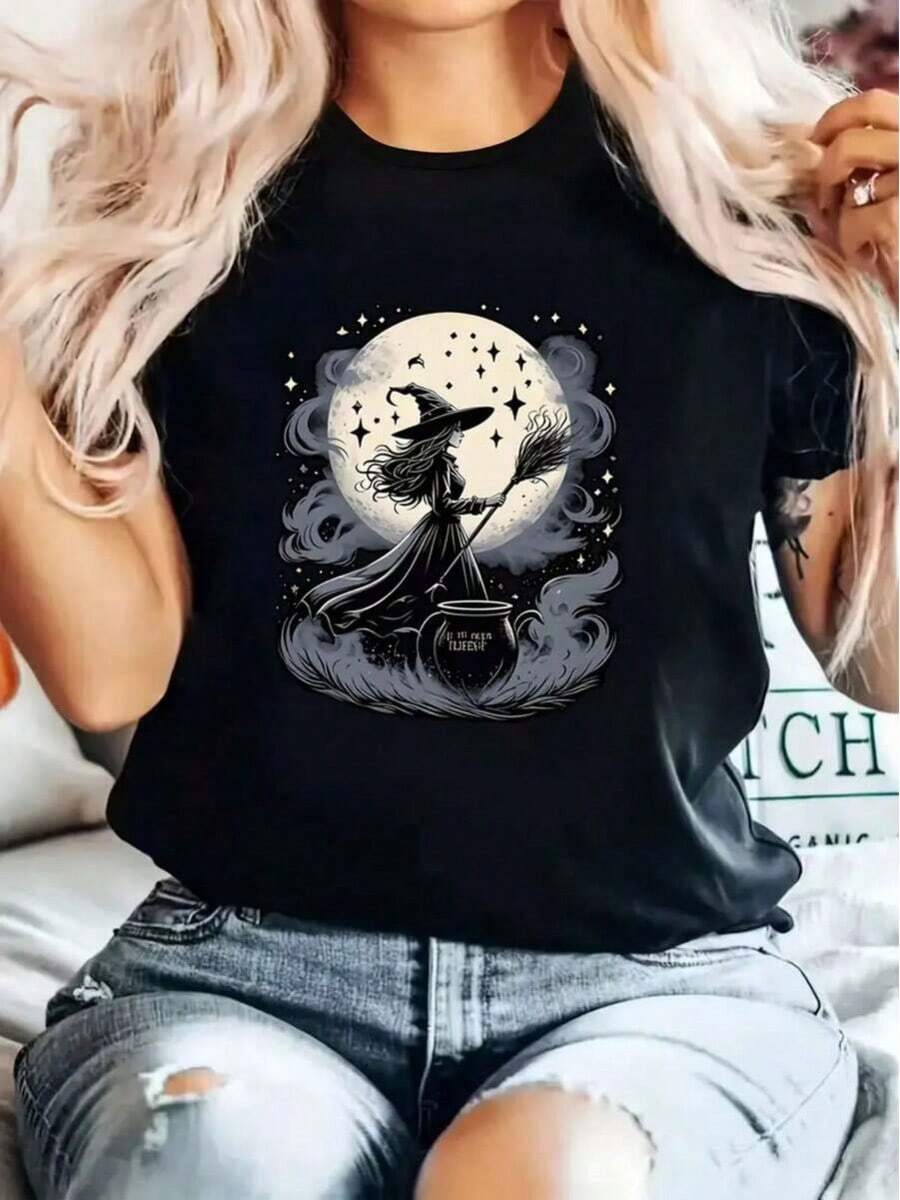 Camiseta Unisex con Estampado de Bruja y Luna, 100% Algodón, Cuello Redondo Manga Corta, Diseño de Estilo Gótico y Halloween, Estilo Casual y Urbano, Ideal para Uso Diario, Fiestas, Verano y Streetwear, Suave y Transpirable, Look Misterioso y con Estilo - Negro - Ver 1