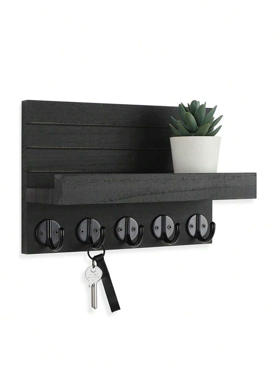 Wall Mounted Key Organizer Rack With Decorative Shelf, Key And Mail Holder Rack With Large Hooks For Bags, Coats, Umbrellas - Paulownia Wood Key Hook With Installation Hardware - 5 Hooks - View 1