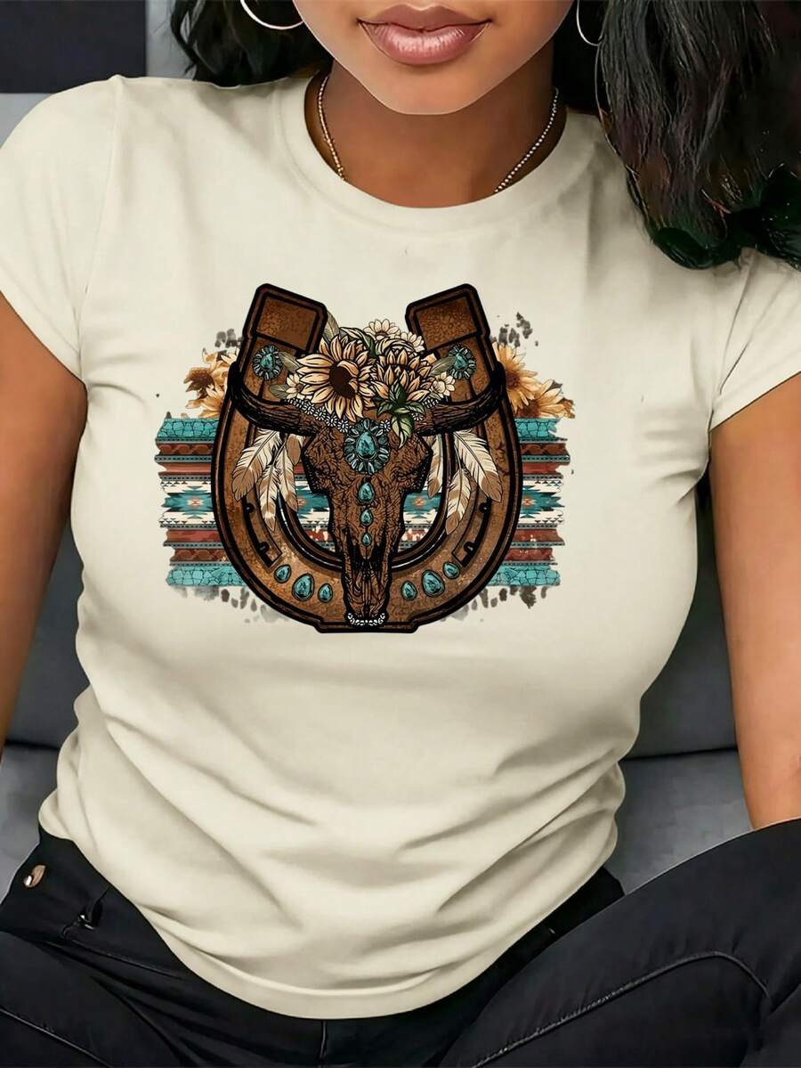 Camiseta de algodón para mujer con estampado de letras moderno y creativo, adecuada para uso casual al aire libre en primavera y verano, para fiestas de vacaciones, versátil y elegante con diseños de herradura y calavera de toro, ropa de verano para mujer, blusas elegantes para mujer. - Albaricoque - Ver 1