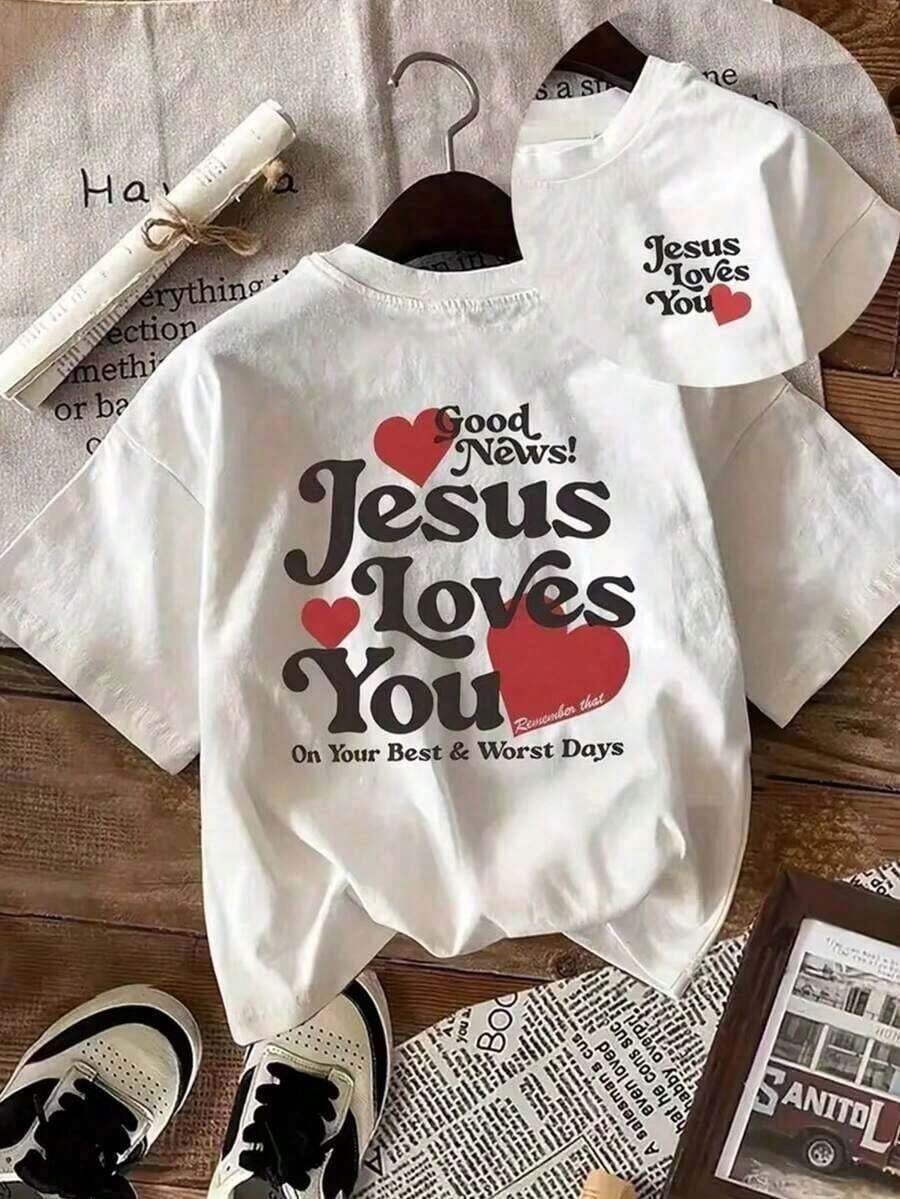Women's T-Shirt With Double-Sided Inspirational Letter Print - Good News! Casual Short Sleeve Crew Neck Loose Fit T-Shirt, Heart Design With The Phrase "Jesus Loves You", Breathable, Washable, Comfortable Spring/Summer Clothing, Opaque Fabric. - 白色 - 查看 1