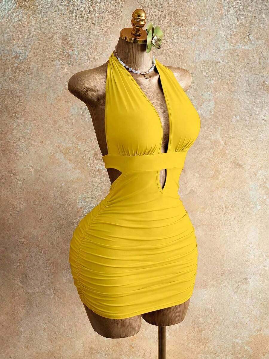 Vestido ajustado con espalda descubierta y lazo delantero para mujer, de unicolor minimalista, adecuado para la playa y vacaciones - Amarillo - Ver 1