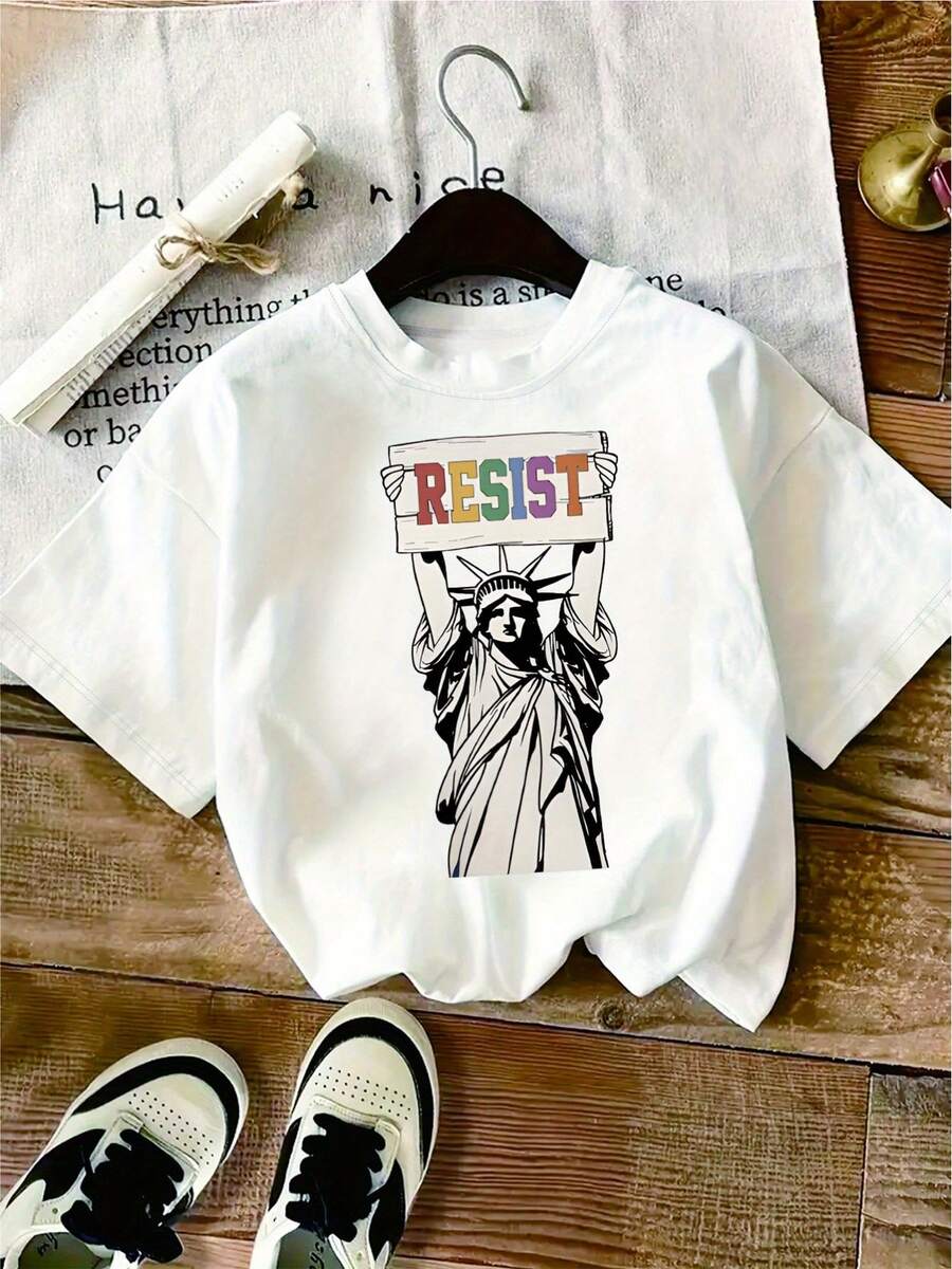 1 camiseta de mujer con estampado de la Estatua de la Libertad "RESIST" - Casual, cómoda, de manga corta, perfecta para la moda diaria, idea de regalo para vacaciones y cumpleaños, ropa informal.| Camiseta con Letras en Negrita| Polyester Blen Y2k Camiseta Camisa De - Blanco - Ver 1