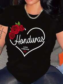 Nueva Camiseta Casual de Verano para Mujer 100% Algodón Honduras LOVE FOREVER, Camiseta de Algodón Grueso de 220g para Mujer (1 Pieza) - Estilo Urbano Vintage Unisex, Camiseta de Manga Corta con Cuello Redondo de Algodón Holgado - Negro - Ver 6