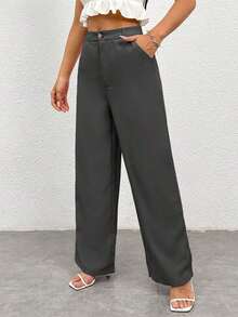 Pantalones casuales simples de unicolor para mujer para usar todos los días - Gris Oscuro - Ver 3