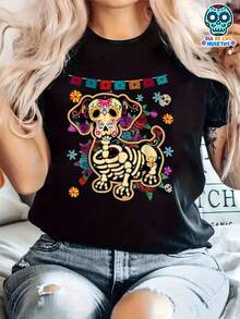 Women's Casual Graphic Tee - Short Sleeve, Crew Neck, Stretch Fabric, Vibrant Day Of The Dead Design With Skull And Flower Patterns, Comfortable All-Season Top, Everyday Wear Tee | Vibrant Graphic Tee | Stretch Tee - 黑色 - 查看 7
