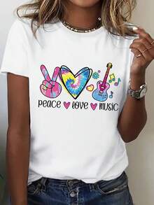 1 camiseta de manga corta para mujer - Estampado de Paz, Amor y Música con Notas Musicales, Guitarra y Corazones de Arcoíris - Ajuste cómodo informal, lavable a máquina, camiseta blanca para conciertos, festivales, cumpleaños, regalos, top de regalo de cumpleaños.| Camiseta Vibrante| Ajuste Cómodo, Camisetas de Música Y2k - Blanco - Ver 1