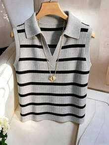 Camiseta de tirantes de punto con cuello y rayas elegante y casual para mujer - Gris - Ver 3