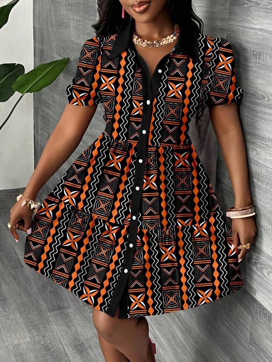 Vestido mini minimalista casual de mujer, adecuado para el verano, las vacaciones, estampado floral tropical, manga abullonada, corte evasé, estilo bohemio - Multicolor 6 - Ver 1