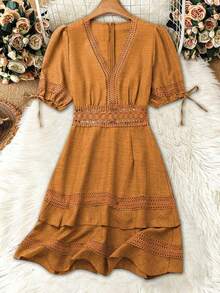 Clasi Vestido mini de manga abullonada con ribete de encaje de unicolor para mujer, para verano - Amarillo - Ver 3