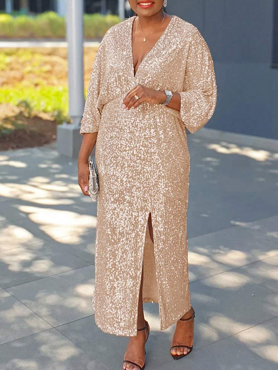 Vestido largo maxi con lentejuelas y abertura lateral para mujer talla grande
