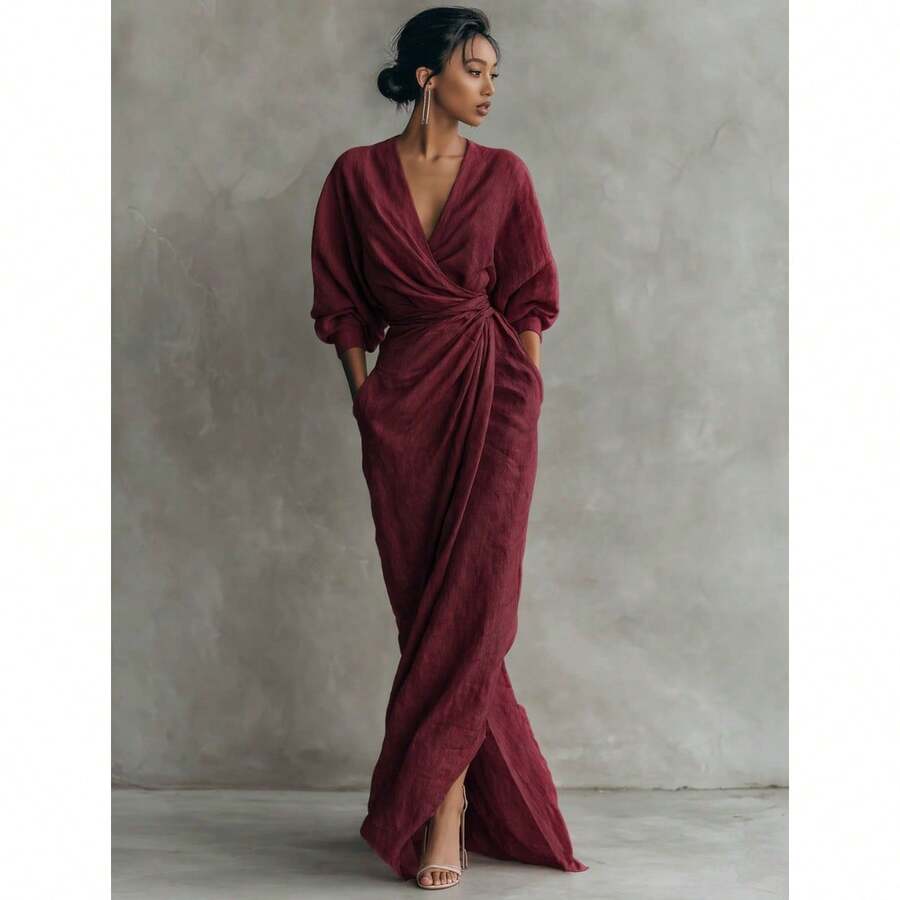 DAILY DOSE 2026 New Elegant Solid Color V Neck Long Sleeve Slit Waist Pocket Midi Dress For Women Chic European And American Style Party Casual Bodycon Maxi Dress With Side Slits, Girls' Gifts - 酒紅色 - 查看 1