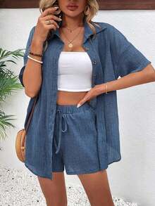 Conjunto de 2 piezas con blusa de manga corta de cuello de botones y shorts con lazo delantero, sencillo, para mujer - Azul - Ver 7