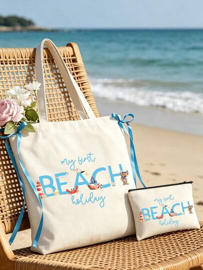 "Beach Holiday" Themed Women's Shoulder Bag, On The Coast Reusable Beach Bag – Casual Shoulder Tote With A Ribbon Bow For Shopping, Travel, Books. Travel Toiletry Bag, Portable Cosmetic Bag – Cute Summer Gift,For Bachelor/Bachelorette Parties, Bridal Showers, And Other Coastal-Themed Wedding Events. Suitable Birthday Gift, Travel Souvenir, Party Gift, Teacher's Day Gift