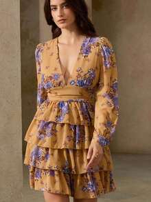 Revavyn Vestido de manga larga con estampado aleatorio de moda para mujer, atuendo de vacaciones - Marrón - Ver 3