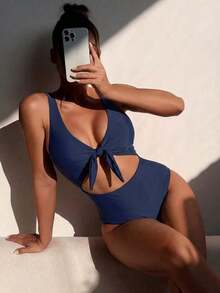Swim Vcay Traje de baño de una pieza de unicolor negro elegante sin mangas, de cintura alta y con tirantes ajustables, para primavera/verano 2026 - Azul marino - Ver 4