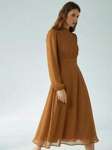 Vestido de manga larga con acento plisado en la cintura, de estampado de teñido anudado, elegante y versátil para uso diario, en azul y verde - Óxido marrón - Ver 6