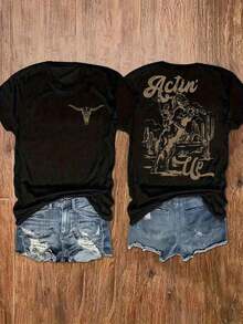 Camiseta de manga corta negra con estampado de rodeo "Actin' Up" de Western, diseño único, 220g, 100% algodón, camiseta de manga corta para mujer. - Negro - Ver 7