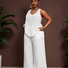 Slayr 2025 New Spring/Summer Plus Size Women's Vintage Western/Tropical/Music Festival/Club/Road Trip/Casual Street/City Vacation/Graduation Date/Elegant Vacation 2-Piece Set - Loose Sheer Textured Fabric U-Neck Sleeveless Tank Top With Elastic Waist Palazzo Pants - Blanco - Ver 4