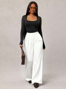 Pantalones anchos de pierna ancha de satén negro sueltos y minimalistas modernos para mujer, pantalones largos de oficina, pantalones anchos negros, pantalones anchos de cintura alta, pantalones de traje negros, pantalones largos de satén, pantalo - Blanco - Ver 4