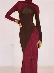 Vestido ajustado de cintura alta en combinación de colores, moderno y creativo para la calle - Burdeos - Ver 2