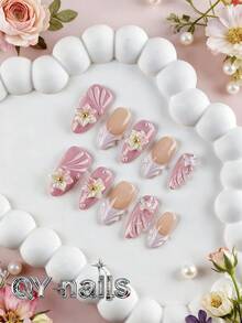 10 piezas de pegatinas de uñas con forma de almendra, estilo de verano lindo y removible, adecuado para fiestas, baile, uso diario, fiestas estudiantiles, cosplay de oficina, reutilizable, incluye pegatinas de pegamento para uñas y lima de uñas - Rosa Pálido - Ver 2
