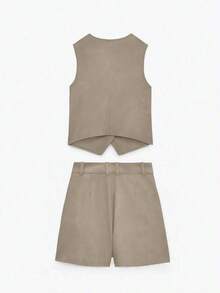 1 Set de Chaleco y Shorts informales y sueltos de un solo botonadura en unicolor para mujer - Caqui - Ver 2