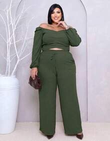 Plus Size Set: Off-The-Shoulder Cropped Top And Elegant High-Waisted Lined Palazzo Pants - Hijau Tentara - View 7