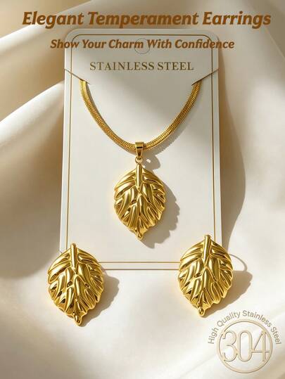 A Bohemian-Style Mantaraey Jewelry Set, Including A Leaf Pendant Necklace And Cascading Earrings, Featuring A Unique Wave Texture Design, Elegant And Refined Women's Necklace/Earrings - 18K Gold-Coated Non-Staining Stainless Steel Jewelry Set, Lightweight And Low-Allergy, Summer Beach Vacation Jewelry, Thick And Chunky Gold Declaration Earrings, Perfect For Weddings, Parties And Daily Wear. It Is An Excellent Gift For Her Birthday/Wedding Anniversary (1 Set/3 Pieces)