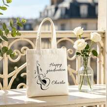 Bolsa de lona personalizable con texto de cumpleaños y nombre, bolsa de lona beige con patrón minimalista de guitarra, regalo de cumpleaños, bolso de mano para uso diario, regalo pensado para novia, amigos, bolsa de lona artística personalizada - Beis - Ver 2