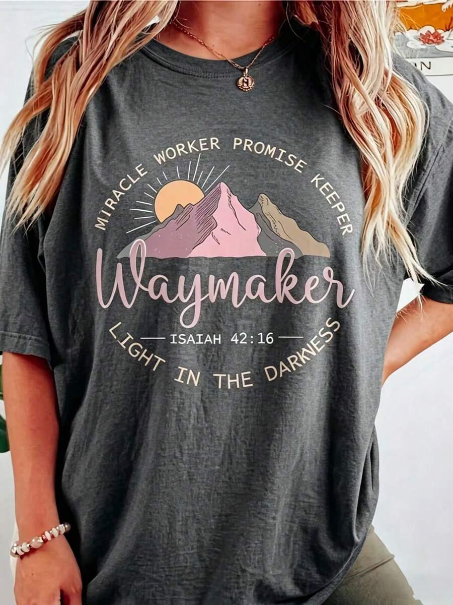 Women's Waymaker Christian Faith T-Shirt - Miracle Worker Promise Keeper Short Sleeve Round Neck Casual Church Wear With Jesus Name & Religious M - 灰色 - 查看 1