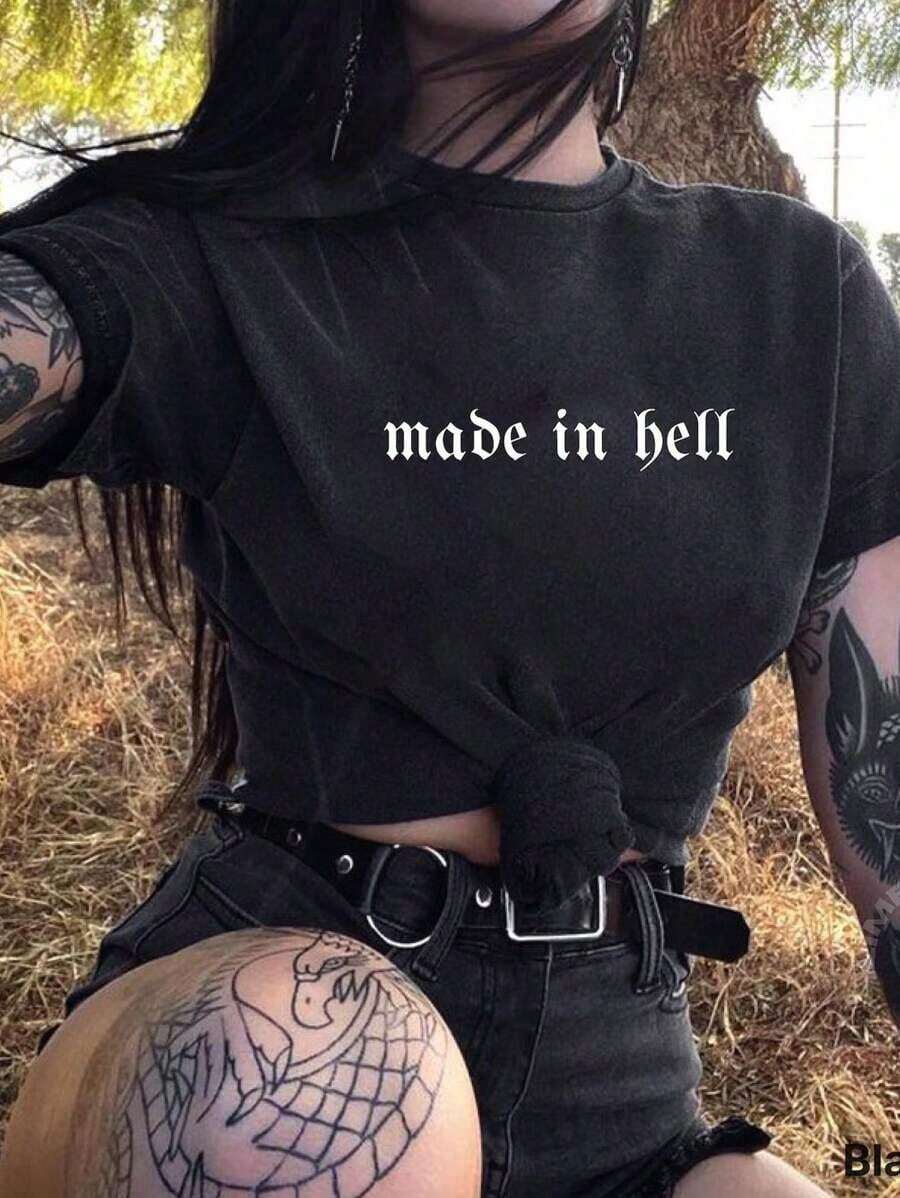 [Entrega Local]Playera Para Mujer Camiseta De Manga Corta Con Estampado De Eslogan Para Mujer, Estilo Punk, Vanguardista, Retro, GóTico, Harajuku, Vestimenta Urbana - Negro - Ver 1