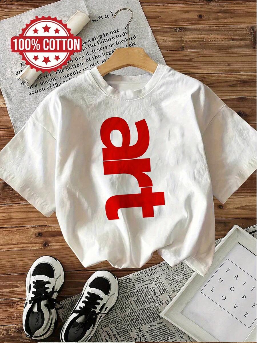 Edición Limitada, Diseño de Arte Abstracto Rojo Impreso, Camiseta Casual de Manga Corta y Cuello Redondo% Algodón Ligero, Ropa de Mujer, para Verano y Primavera - Blanco - Ver 1