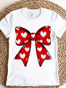Camiseta de impresión de arco rojo blanco y corazón de las mujeres - cuello de manga corta relado top casual con arco brillante y corazones rosados / negros, verano transpirable y todo el año, perfecto para el regalo de San Valentín / Halloween / Navidad (lavable en máquina) - Blanco - Ver 2