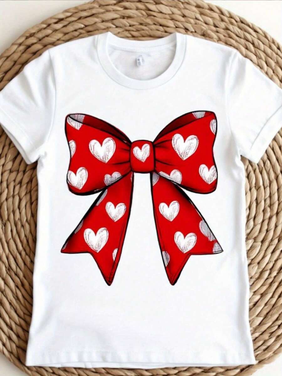 Camiseta de impresión de arco rojo blanco y corazón de las mujeres - cuello de manga corta relado top casual con arco brillante y corazones rosados / negros, verano transpirable y todo el año, perfecto para el regalo de San Valentín / Halloween / Navidad (lavable en máquina)
