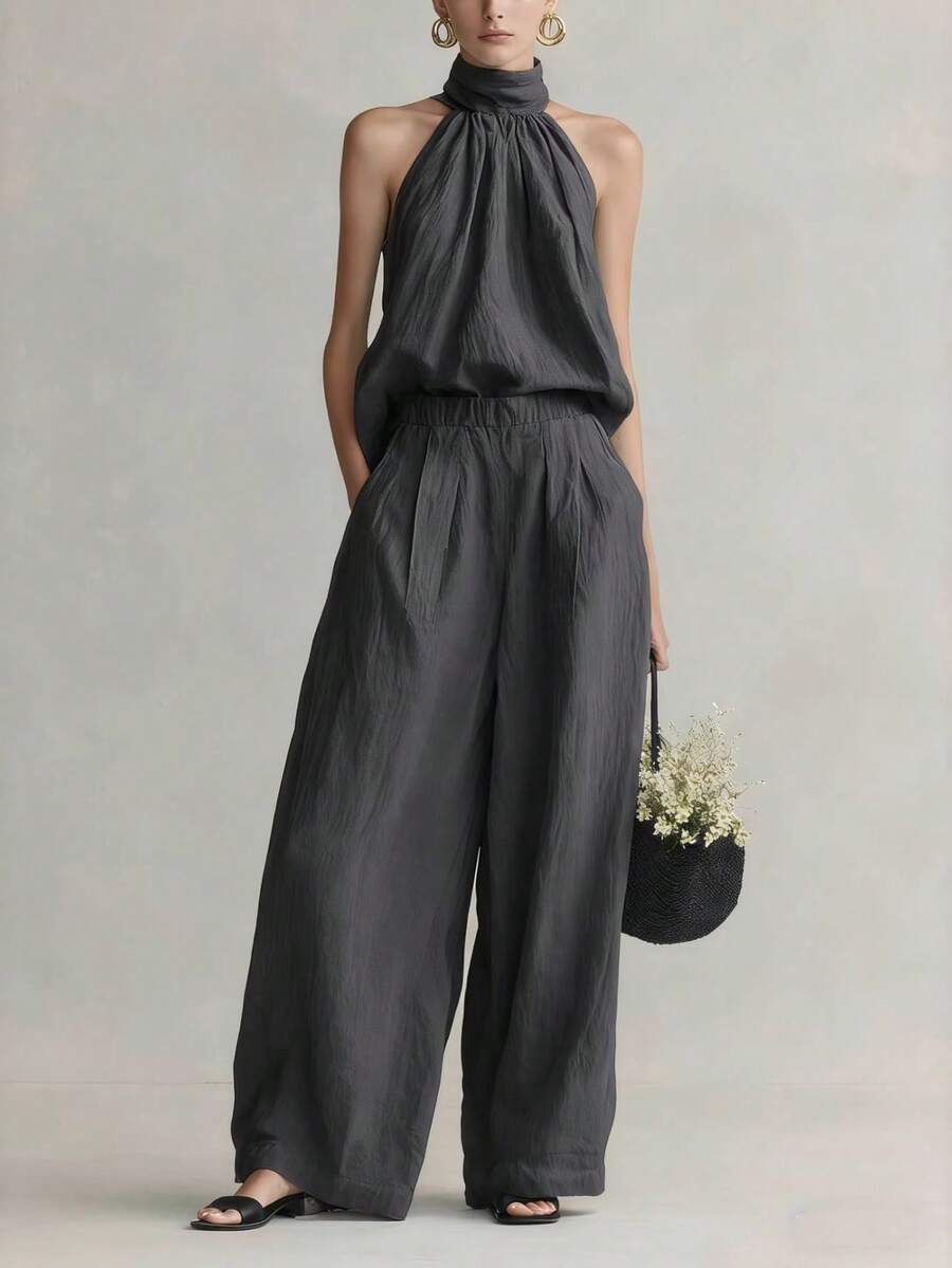 Conjunto de 2 piezas nuevo de primavera-verano para mujer, elegante, blusa sin mangas de cuello redondo, pantalón de vestir, diseño favorecedor, perfecto para oficina y looks sofisticados - Grafito - Ver 1