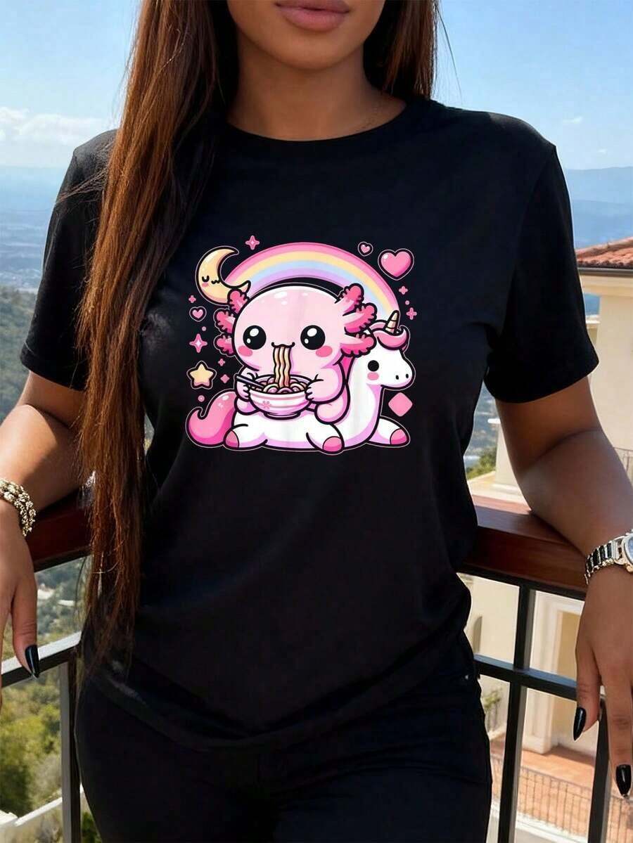 Kawaii Anime Axolotl Eating Ramen Noodles T-Shirt For Kids, Teens, Girls And Boys, Graphic Tee For Women, Crop Tops, Sets, Tops, LQ0M Y2k T-Shirt Shirt - 白色 - 查看 1