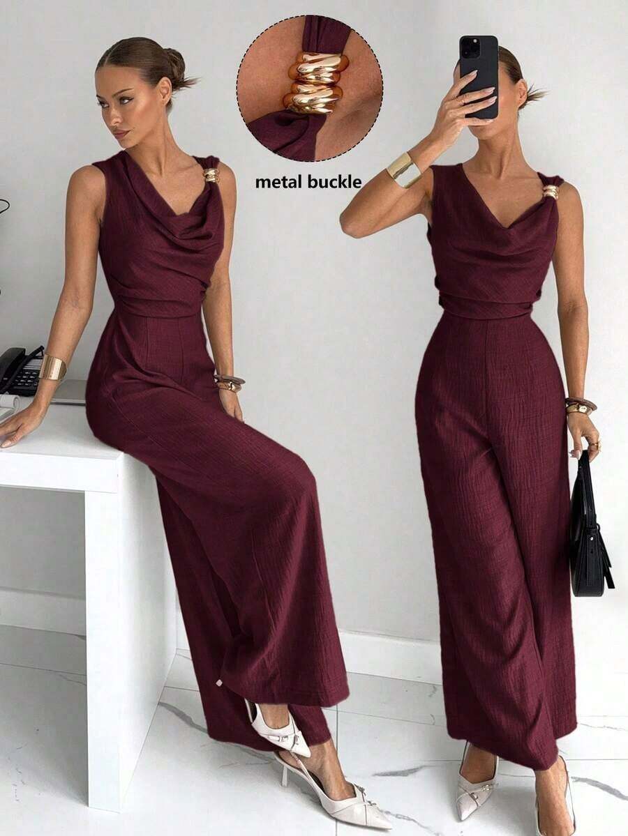 Mono con cuello asimétrico, cintura fruncida, botones metálicos decorativos, elegante y sexy para la oficina, vacaciones, playa, Hawái, con cuello drapeado - Burdeos - Ver 1