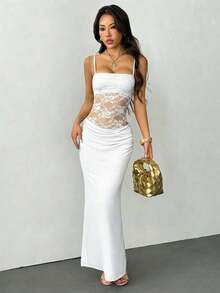 Vestido transparente de encaje con tirantes para mujer  PETITE, ropa sexy para fiestas, citas y festivales, adecuado para otoño e invierno, se puede usar como capa interior. - Blanco - Ver 3