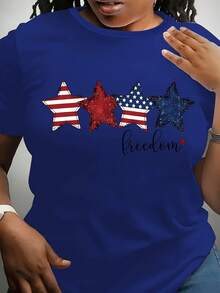 1 Piece - Women's Plus Size T-Shirt With American Patriotic Flag Design - Red With White And Blue Stars, Soft Crew Neck, Short Sleeve, Comfortable Top For Casual Wear, Machine Washable, Suitable For All Seasons, Holiday Wear, And Everyday Wear. | Patriotic Design | Durable Fabric, American Flag Clothing, 180g, 100% Cotton - 寶藍色 - 查看 6